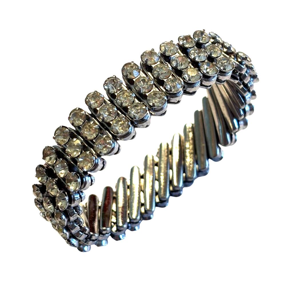 Vintage mid century accordion bracelet silver & white rhinestones Hong Kong